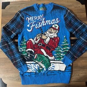 Ugly Christmas Sweater Size S “Merry Fishmas”  Blue/ Plaid Arms